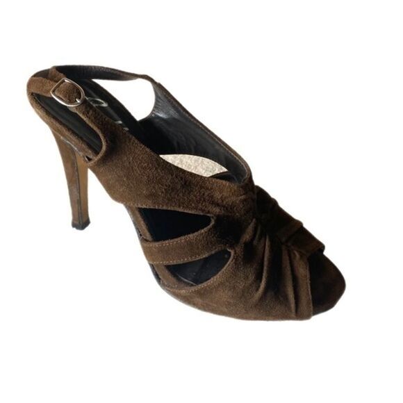 Butter Handmade in Italy Brown Suede Leather Peep Toe Sling Back Heels Sz 6.5 - Picture 4 of 7
